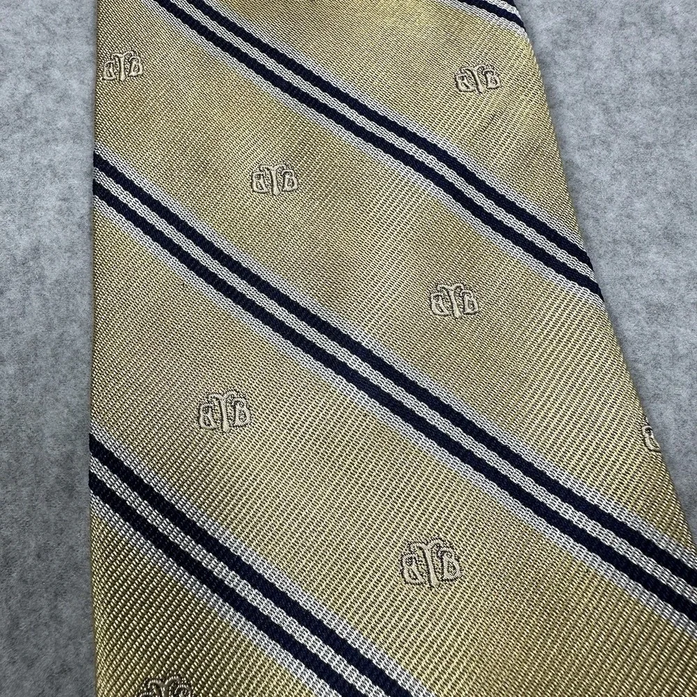 Brooks Brothers Silk Repp Tie Gold Navy Blue Striped Logo Embroidery Made In USA